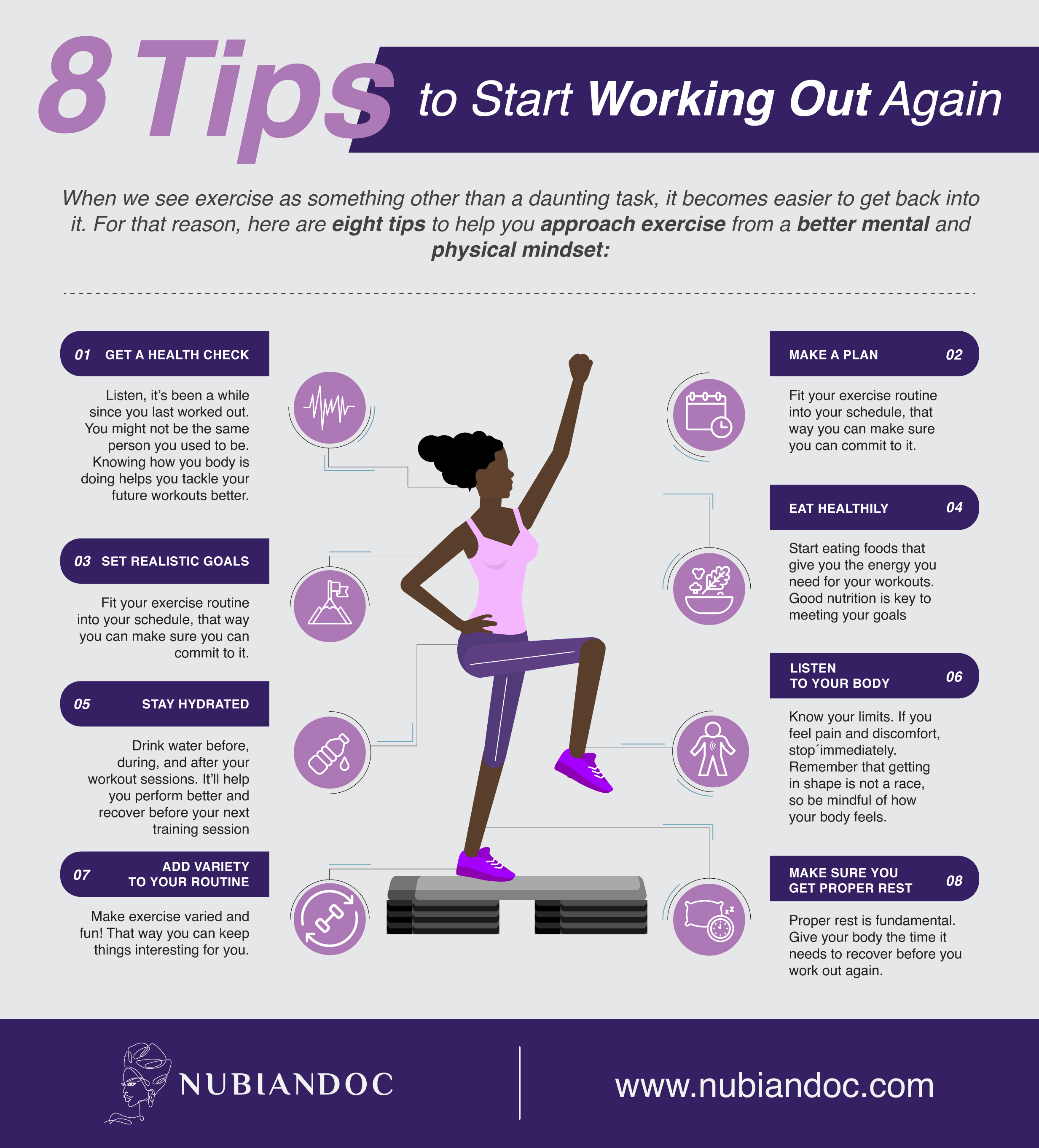 Infographic Showcasing 8 Tips to Start Working Out Again